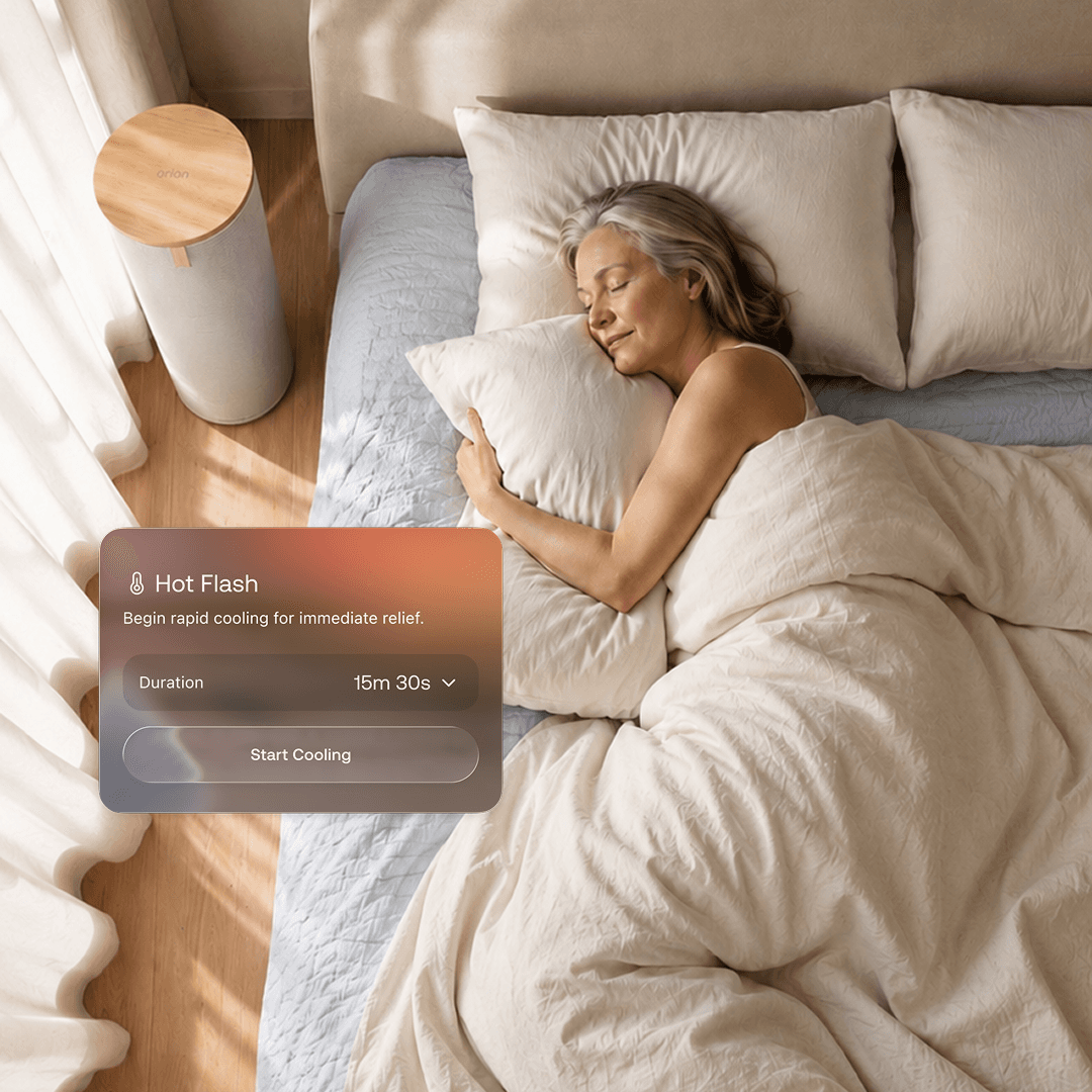 Older woman asleep in a sunlit bedroom next to an Orion sleep tower, with a Hot Flash UI card showing rapid cooling for immediate relief composited at the bottom of the frame