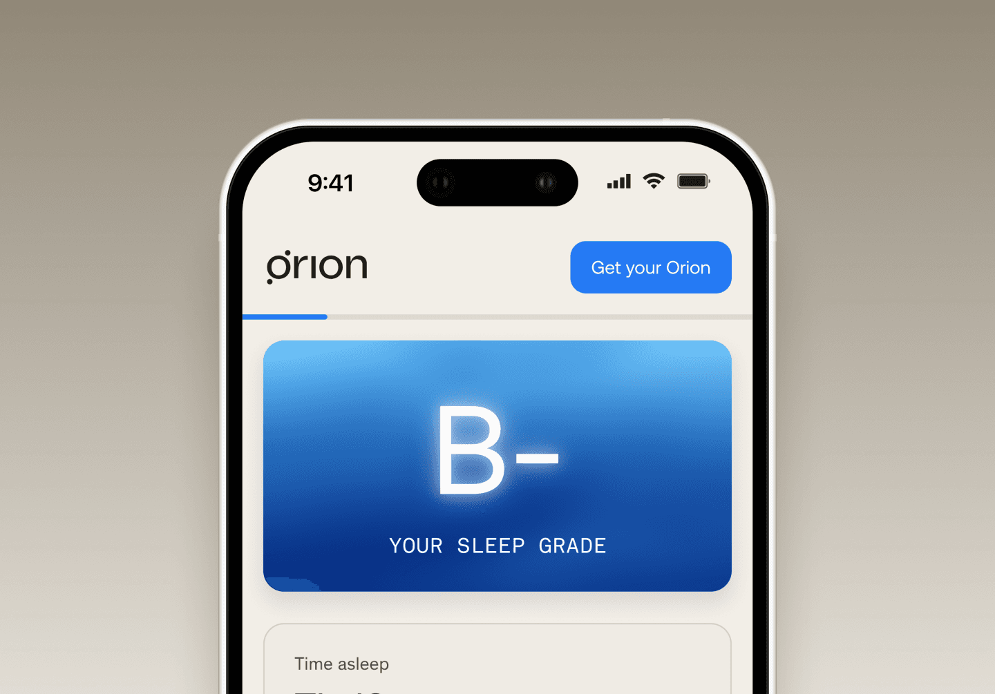 iPhone running the Orion app, showing a 'B-' sleep grade card and a time-asleep summary below