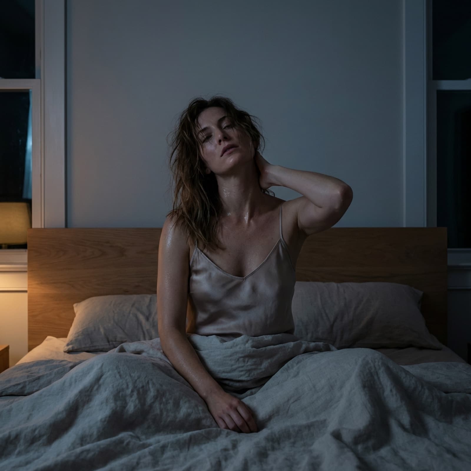 Woman waking up from overheating in the middle of the night