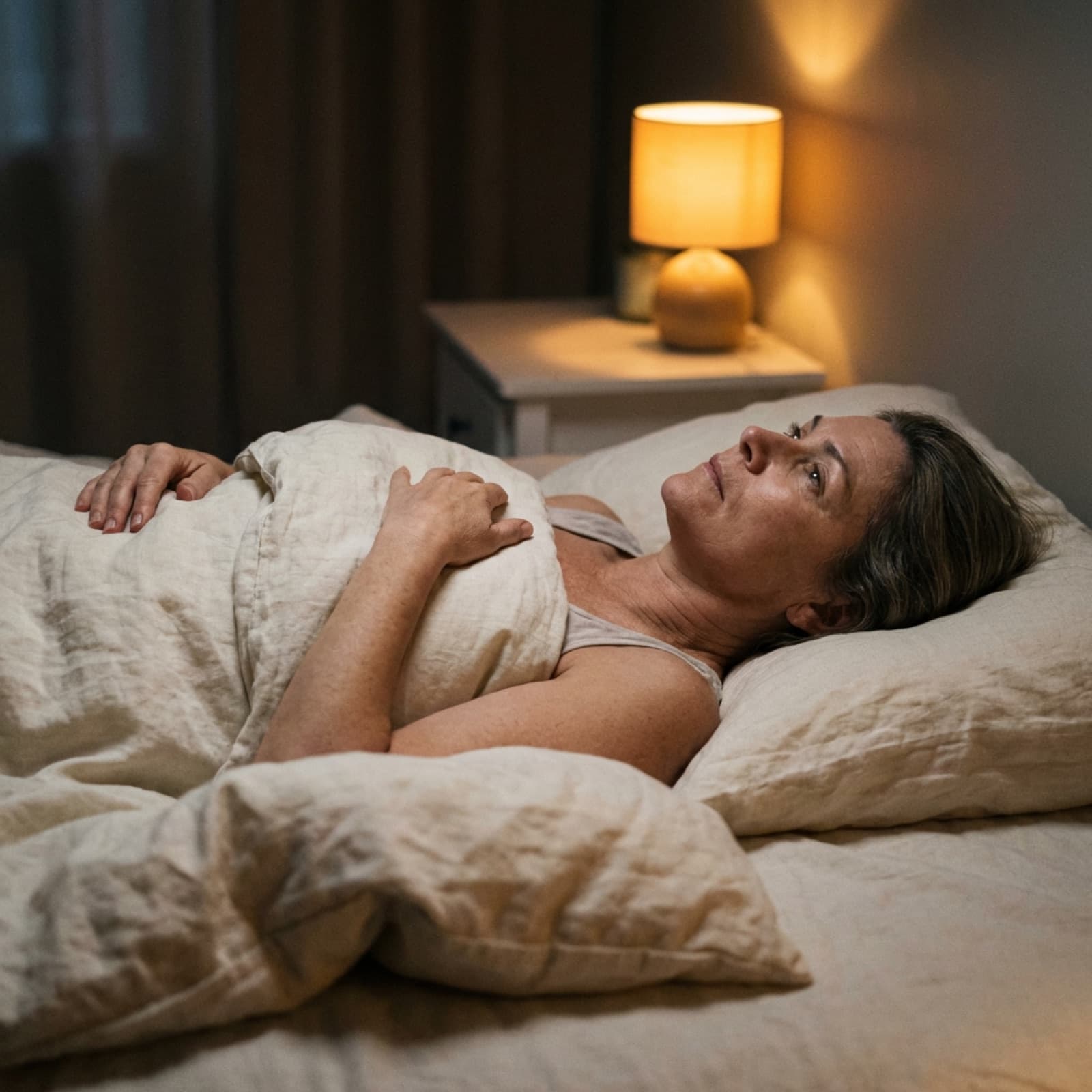 Woman in her 50s lying awake in bed at night