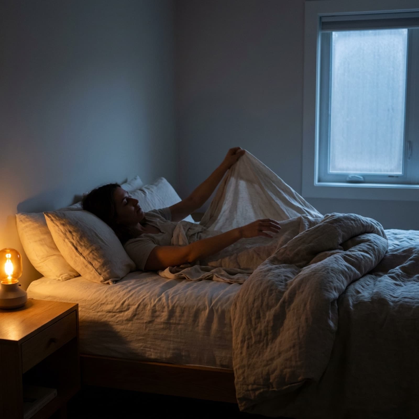 Person adjusting bedding in the dark, pushing a heavy comforter to the foot of the bed