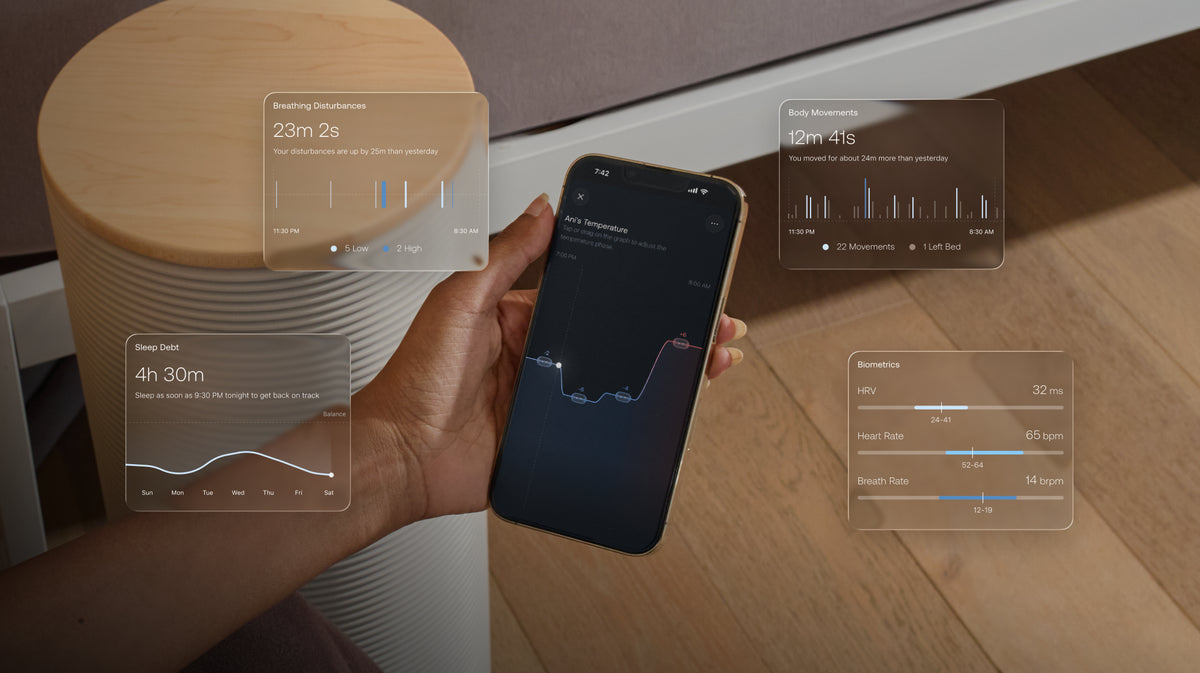 Orion app showing temperature controls and sleep data