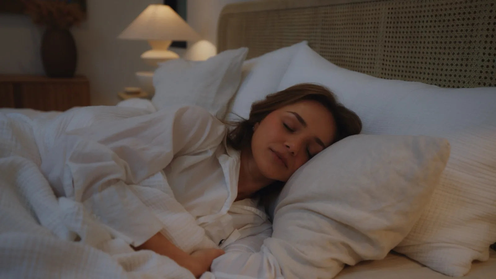 Woman sleeping peacefully in a softly lit bedroom