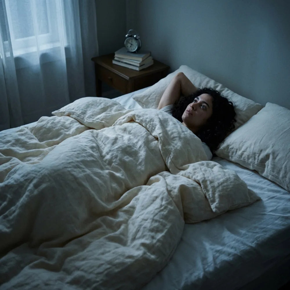 Person lying awake in bed at night, unable to fall asleep