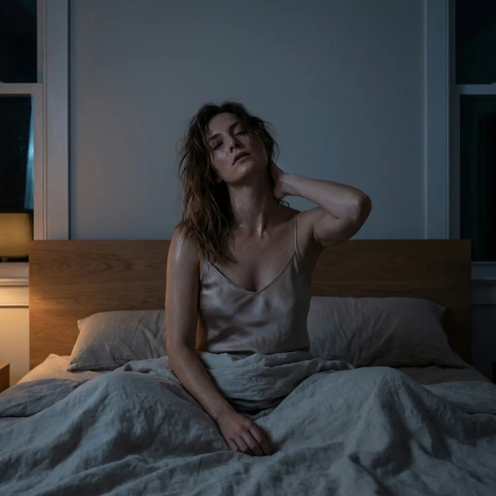 Woman waking up from overheating in the middle of the night
