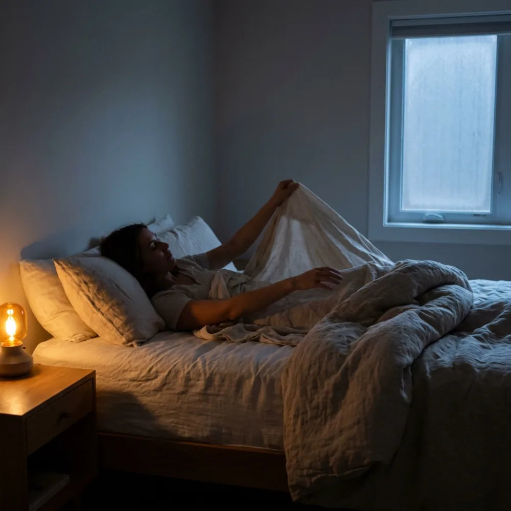Person adjusting bedding in the dark, pushing a heavy comforter to the foot of the bed