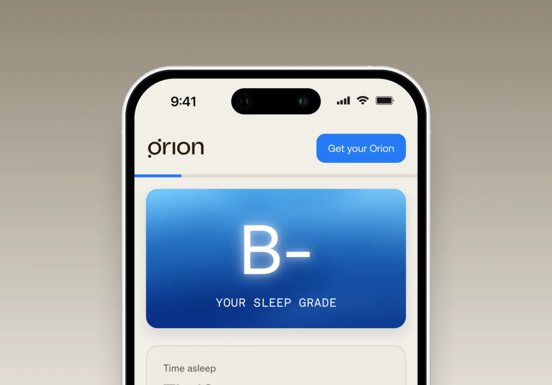 iPhone running the Orion app, showing a 'B-' sleep grade card and a time-asleep summary below