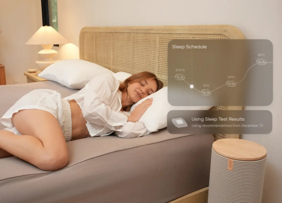Woman sleeping next to an Orion column with the on-screen sleep schedule and test recommendations.