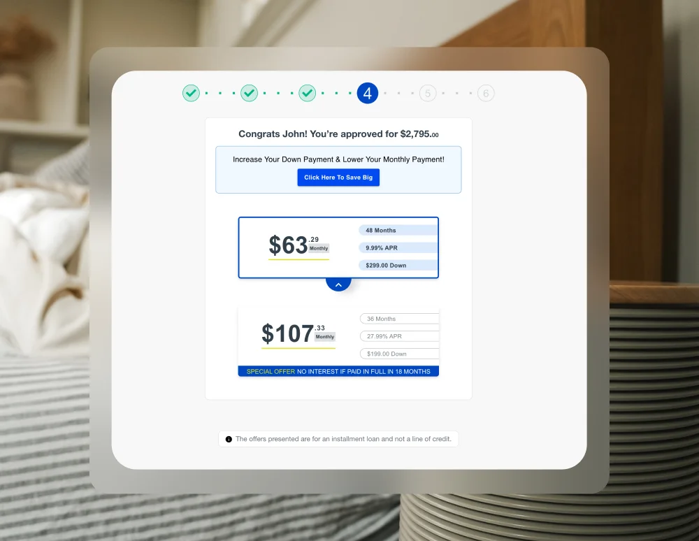 Checkout screen for pay over time: loan approval and payment term selection.